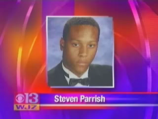 Photograph of a young man in formal attire, labeled Steven Parrish, on a television news broadcast.