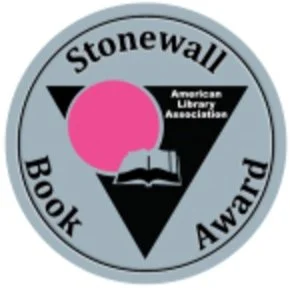 Stonewall Book Award logo with a pink circle, black triangle, open book, and surrounding text.