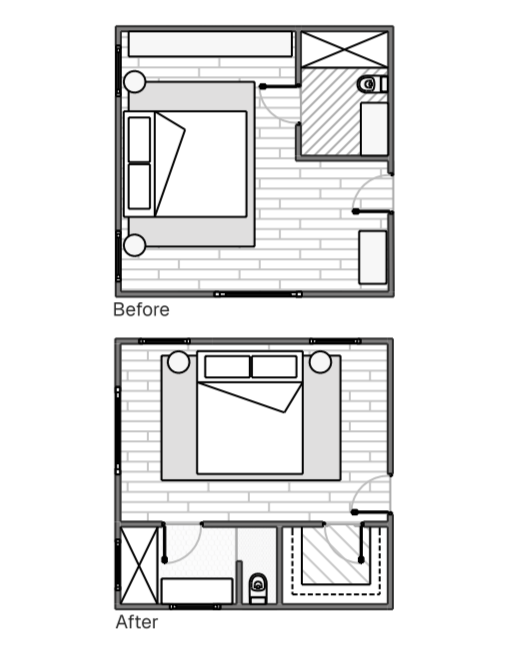 Comparison of a bedroom floor plan before and after renovation, showing changes in furniture placement and layout.