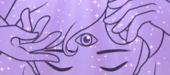 Illustration of a person with a third eye on their forehead, hands framing their face, surrounded by sparkles and a purple background.