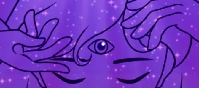 A line drawing of a person with three eyes, surrounded by purple starry background, with hands near their face.