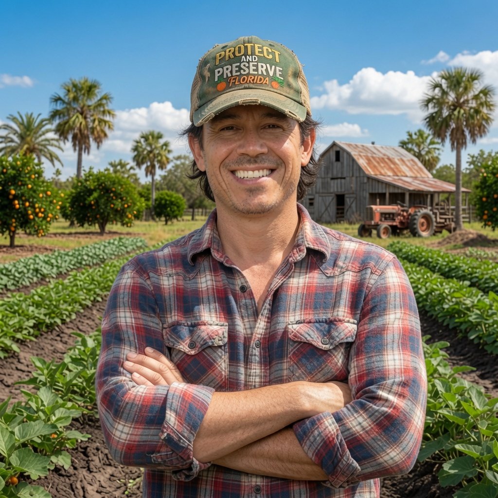 Smiling man with crossed arms standing in a farm with orange trees, rows of crops, a rustic barn, and an old tractor in the background, under blue skies with clouds.