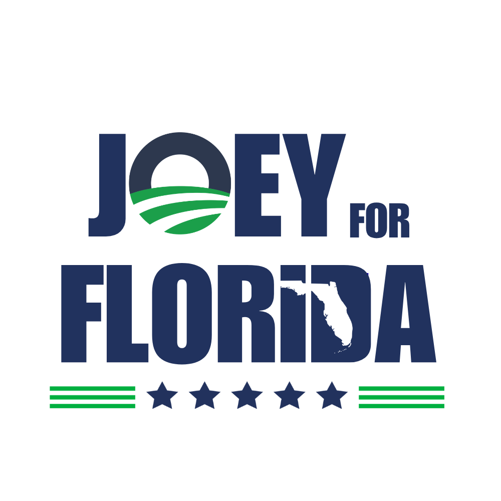 Graphic design with text 'JOE Y FOR FLORIDA' and the outline of the state of Florida, with green stripes and stars, indicating a political campaign in Florida.