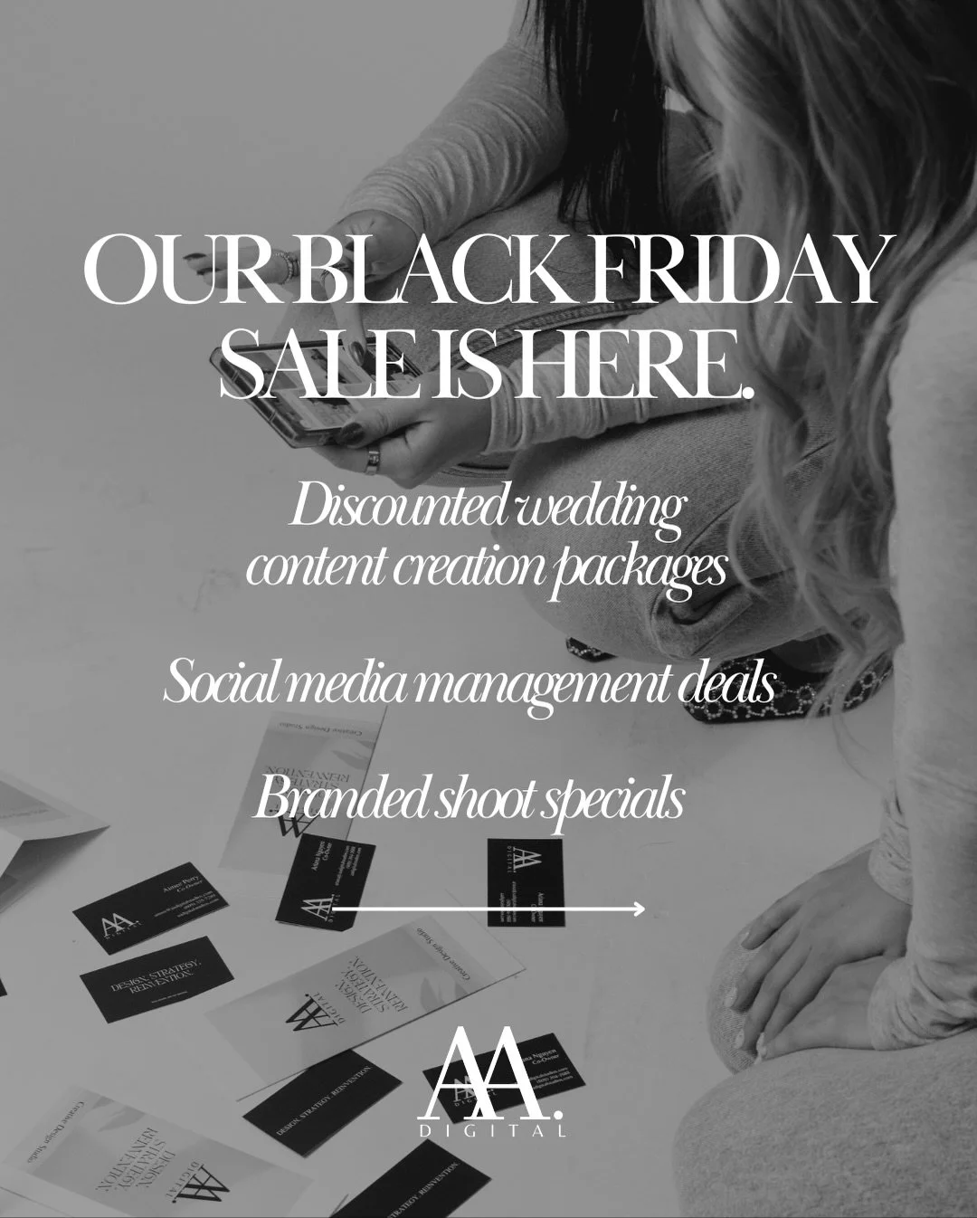 JUST IN 🗞️ BLACK FRIDAY WITH AA DIGITAL. 

💍 Receive 10% off any wedding or event content creation package
📸 Receive 10% off a creative shoot for your brand
✍️ Sign on for 3 months of social media management and have your onboarding fee waived ($2