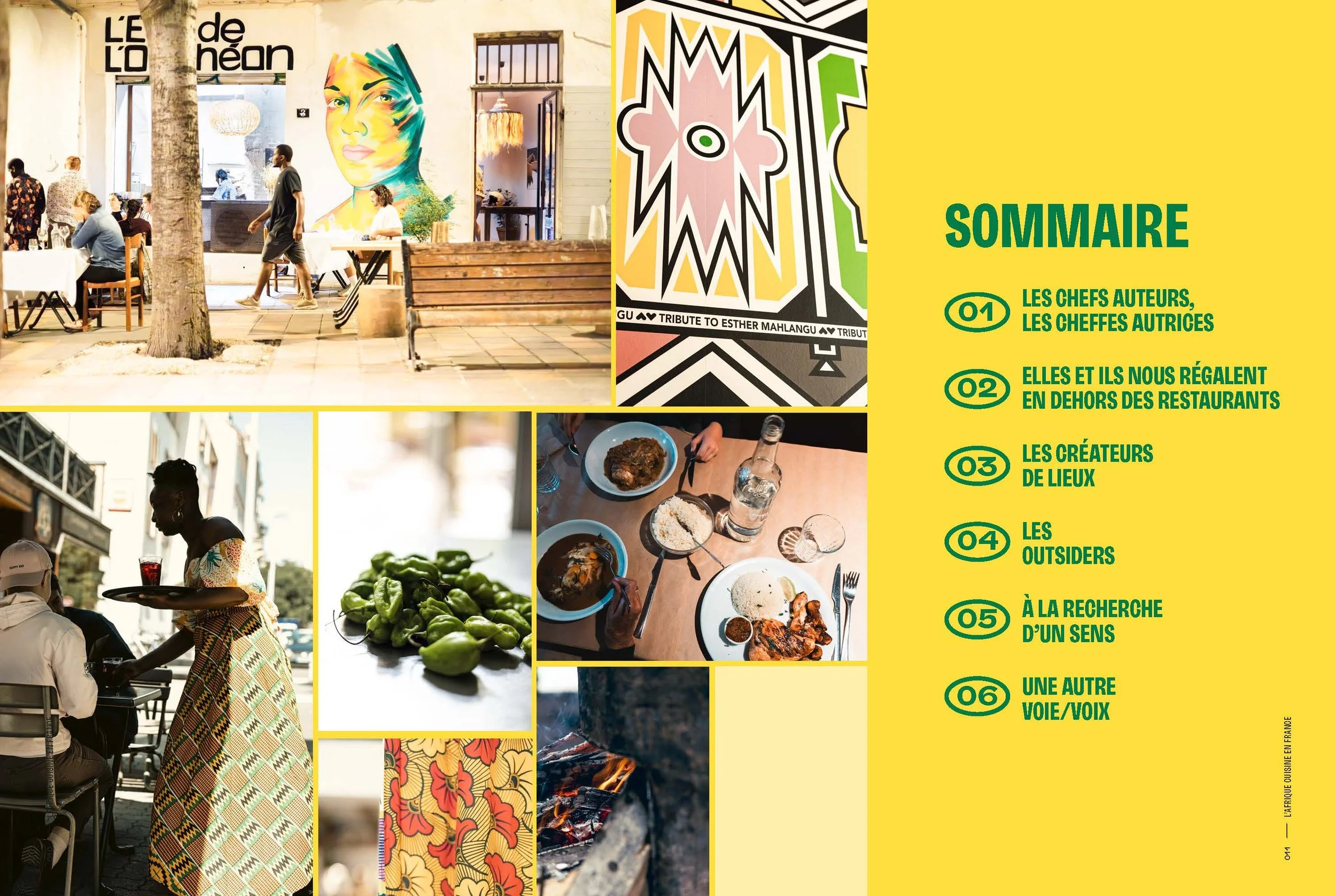 A brightly colored collage of photos taken outside a restaurant, featuring people dining, a mural of a woman, traditional clothing, fresh produce, and a meal being served, alongside a detailed table of contents in French.