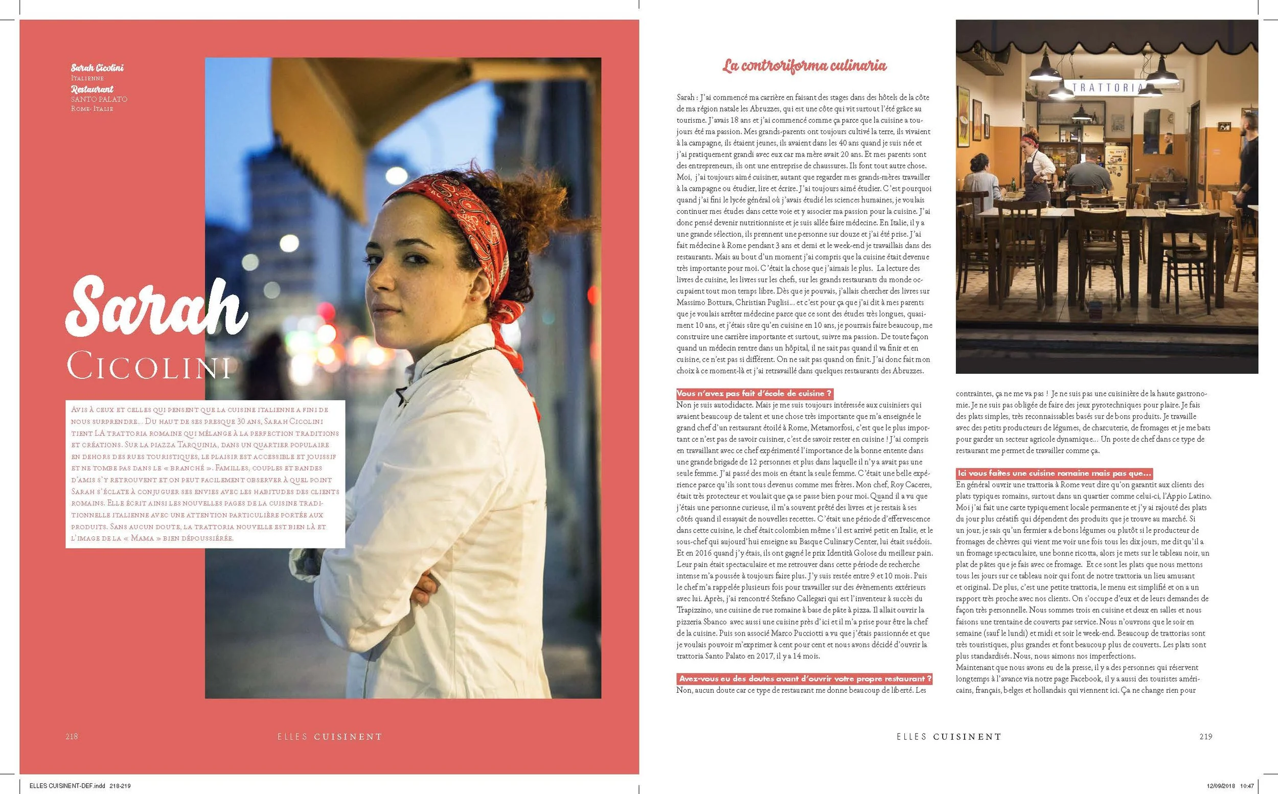 Vérane Frediani's cookbook pages featuring an interview with Sarah Cicolini, an Italian woman chef and a photo of her restaurant Santo Palato in Roma.