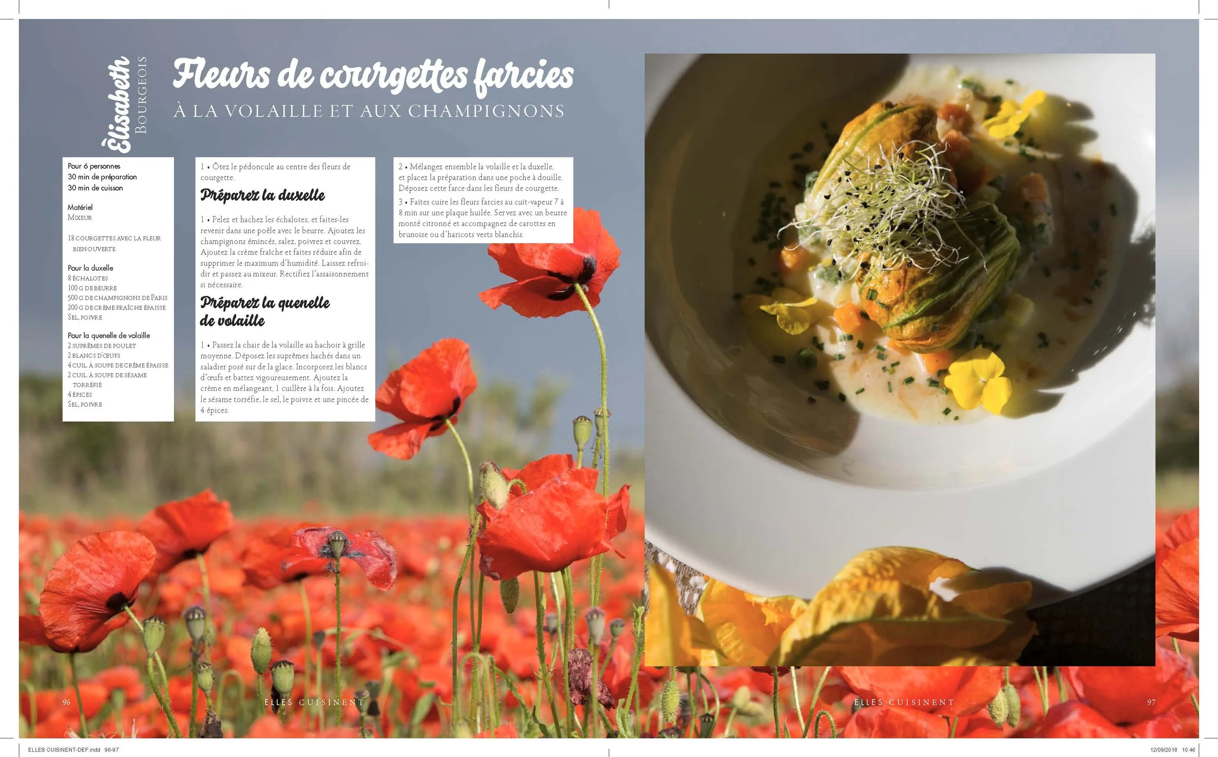 Vérane Frediani's cookbook page with a recipe for stuffed courgette flowers by woman chef ELISABETH BOURGEOIS.  The page includes colorful poppy flowers in a field background.