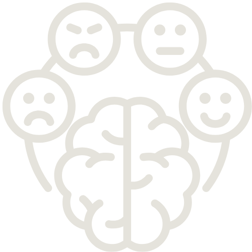 A stylized illustration of a brain with five emoticons around it representing different emotions, including happy, sad, angry, surprised, and neutral.
