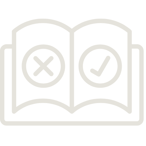 Open book with a check mark in one circle and an X in another circle.