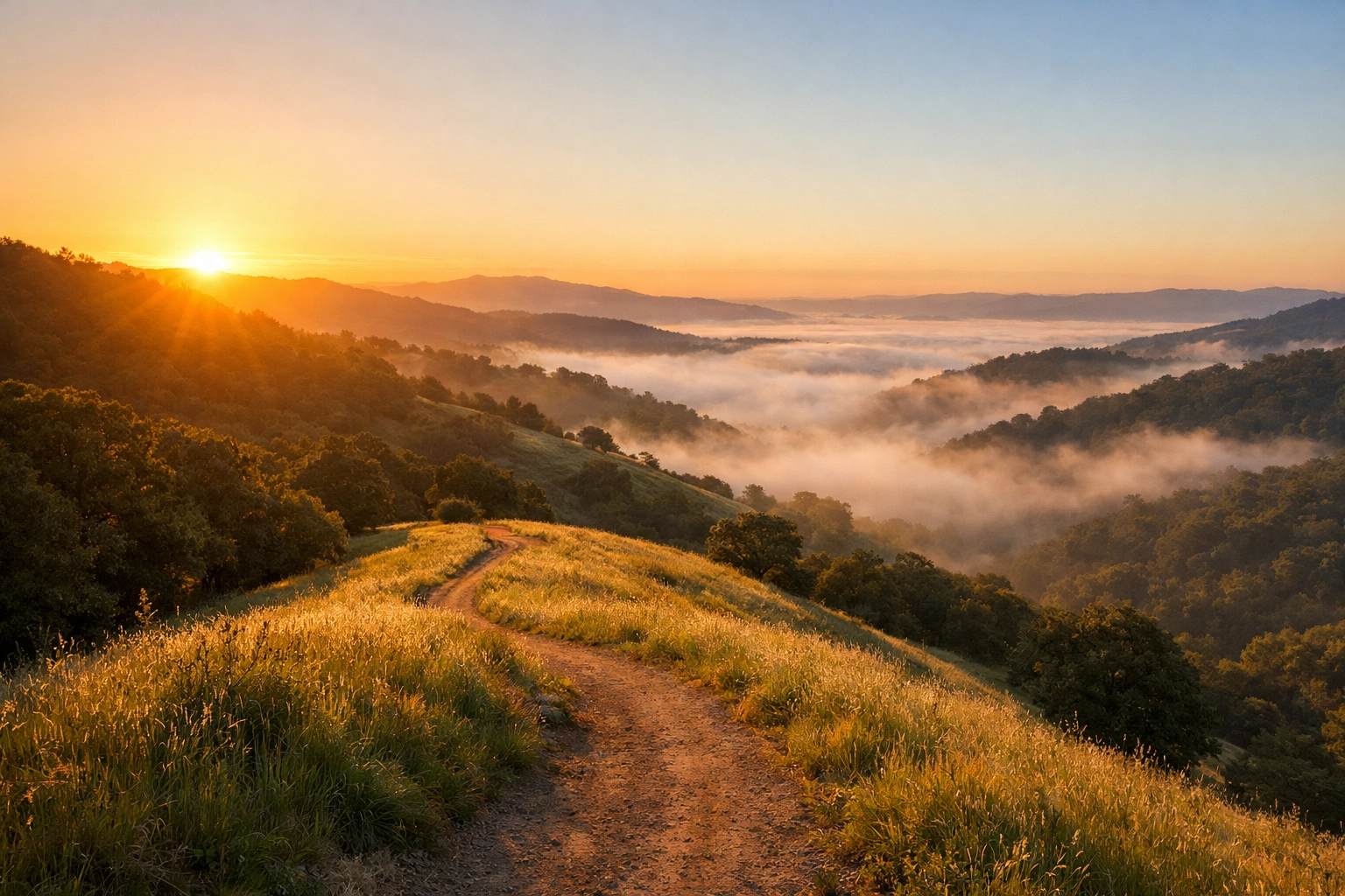 Sunrise on Bay Area Ridge Trail (Rancho San Antonio) in Rancho San Antonio Preserve