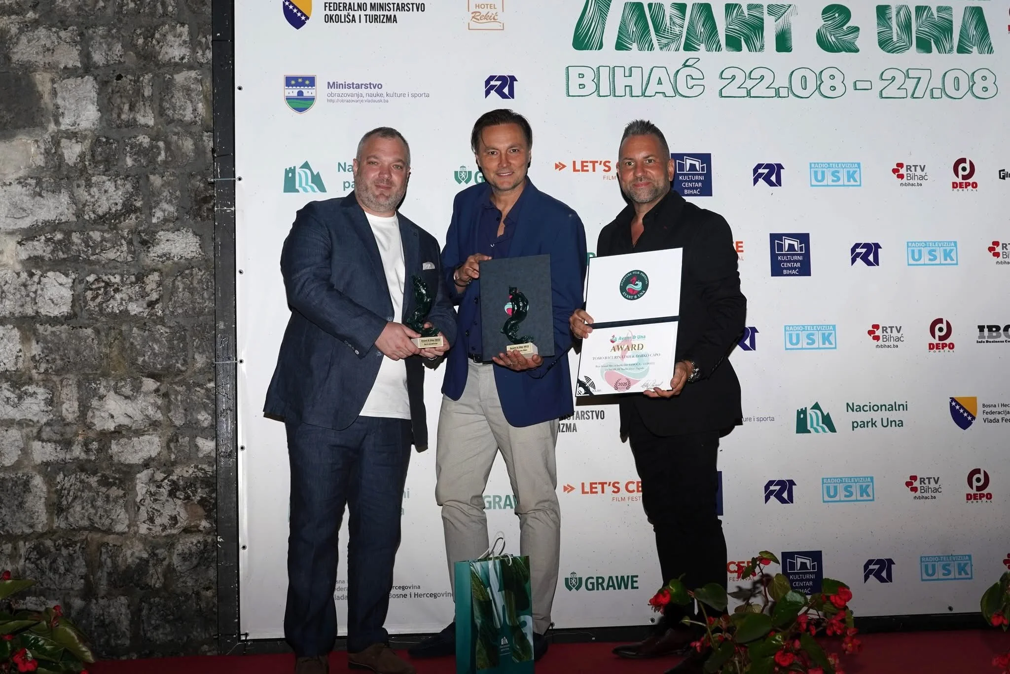 Tomo Bacurin (Tomo B. Lima), Bobby G and the Longplay Studios team receiving the Best Film Sound and Best Short Film awards at the AVANT & UNA Festival