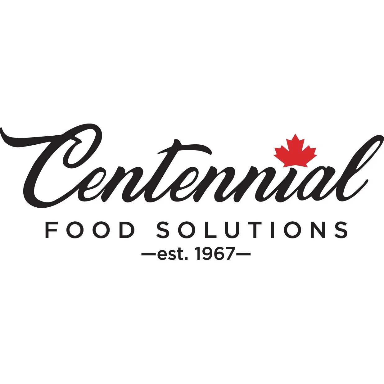 Logo for Centennial Food Solutions with black cursive text and a red maple leaf above the 'u' in 'Centennial'.