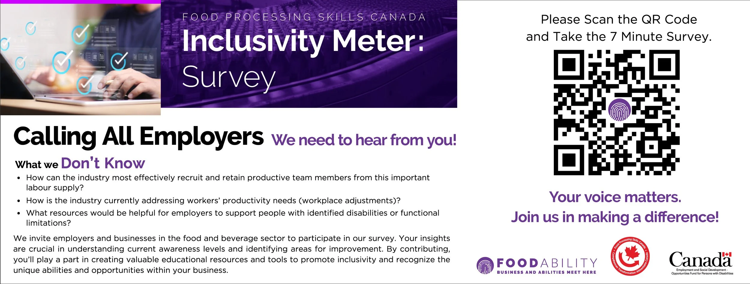Food Processing Skills Canada Inclusivity Meter Survey flyer with a QR code, survey instructions, and a message encouraging employer participation.