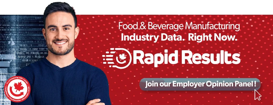 A smiling man in a blue sweater standing in front of a digital background with binary code, promoting fast industry data results for the food and beverage manufacturing industry and inviting viewers to join an employer opinion panel.