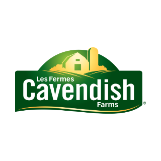 Logo for Les Fermes Cavendish Farms featuring a house, silo, and rolling hills in green and yellow colors.