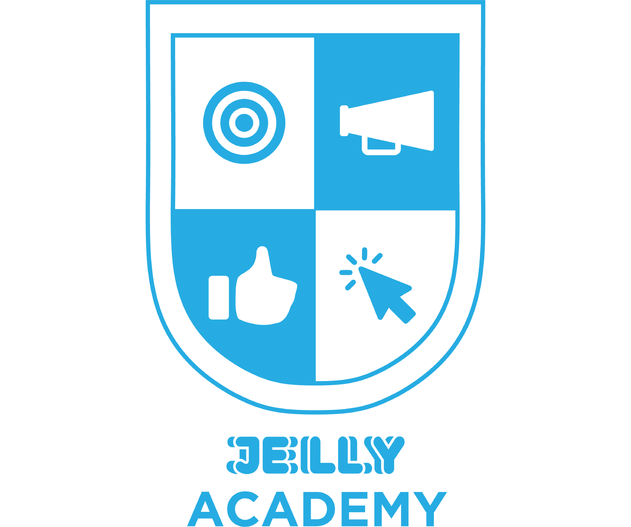 A stylized emblem divided into four quadrants featuring a target, a megaphone, a thumbs up, and a computer mouse cursor, with the text 'Jelly Academy' below.