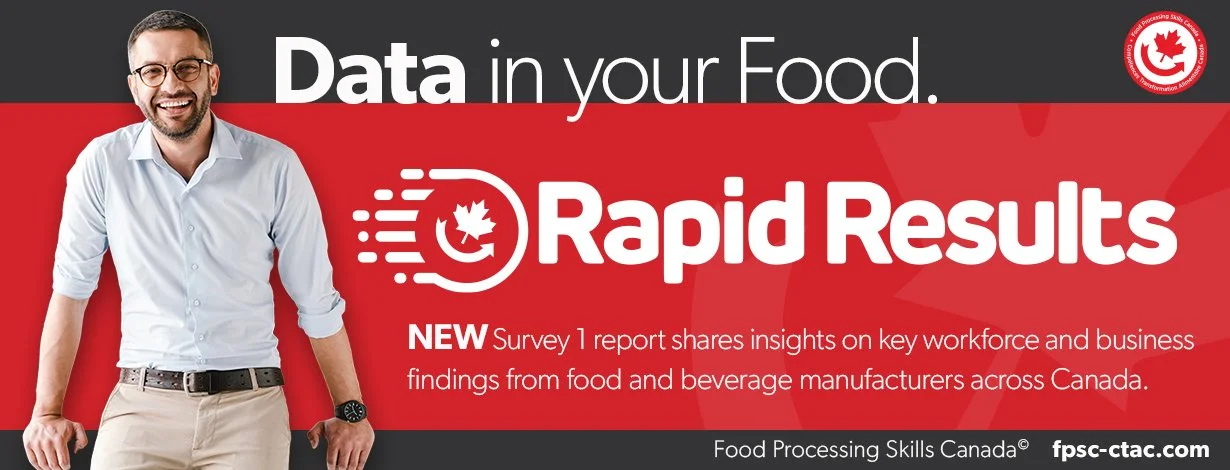 Advertisement banner for Food Processing Skills Canada featuring a man in a white shirt and beige pants, with text about data-driven food industry insights and rapid survey results.