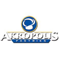 Akropolis Pastries logo with a stylized blue and white pastry icon on a yellow and black background.