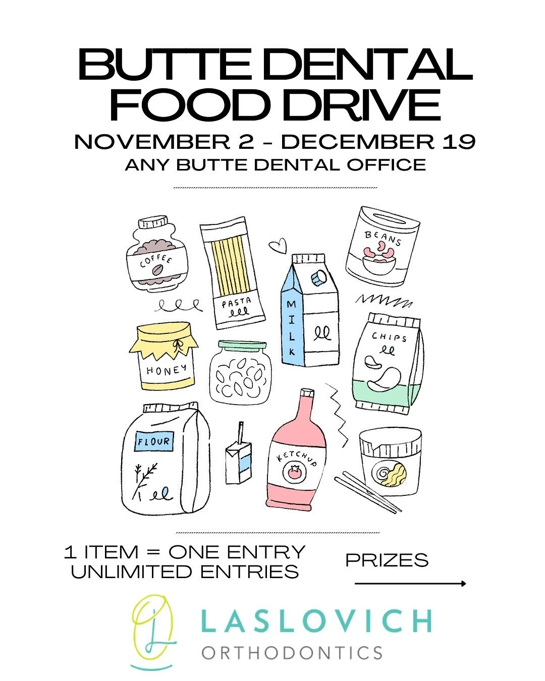 Gobble, gobble! 🦃🥫 
Help the Butte dental community to stuff the shelves for our community food drive! Every can = one entry. 😊 Great prizes!