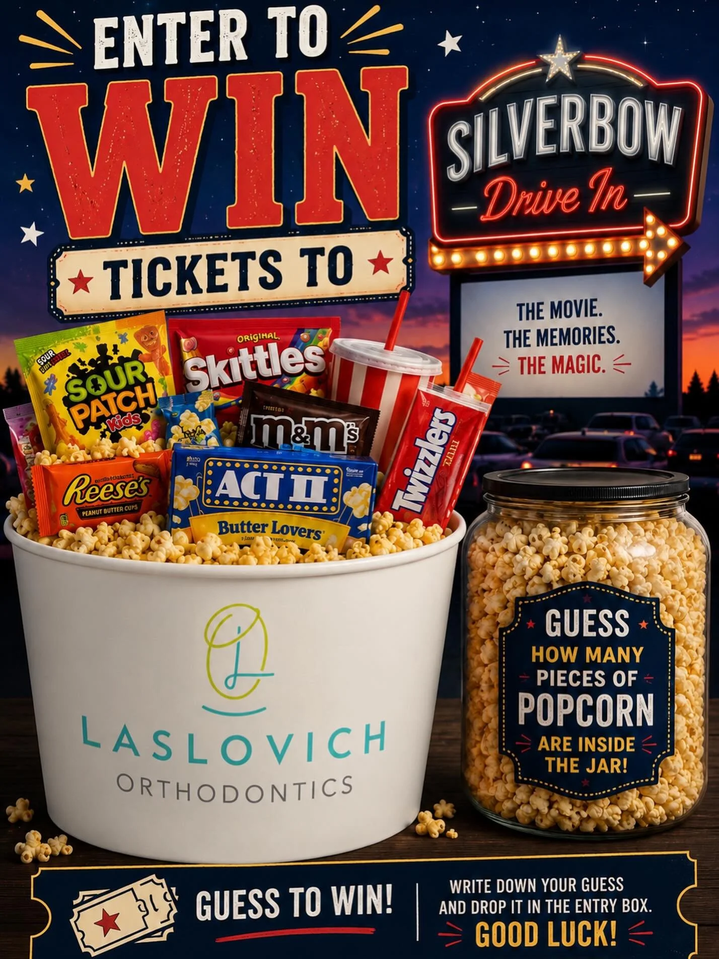 🍿Giveaway🍿

Our next in office contest is LIVE!
 
Guess the correct amount of popcorn in the glass jar to win tickets to the SilverBow Drive In! 

Contest Ends: 7/9/2026

May the best guess win!