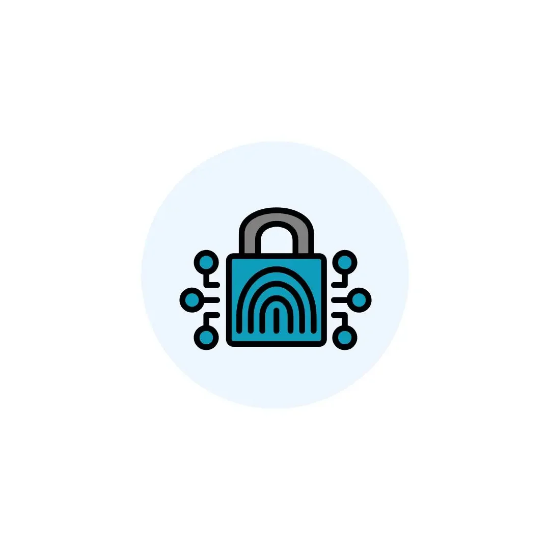 Icono de candado con huella digital y conexiones digitales en azul y negro.