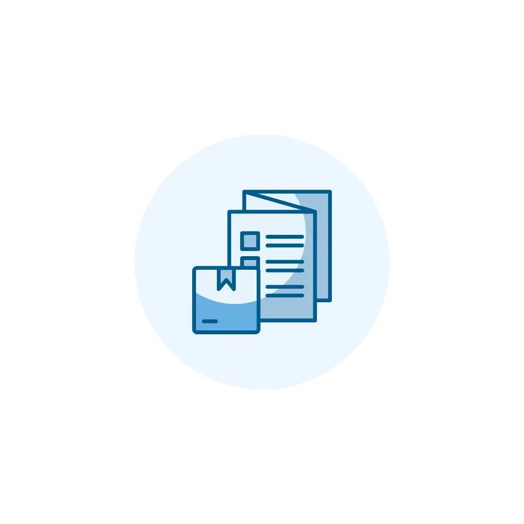 Icono de documentos y un paquete de dinero en azul.