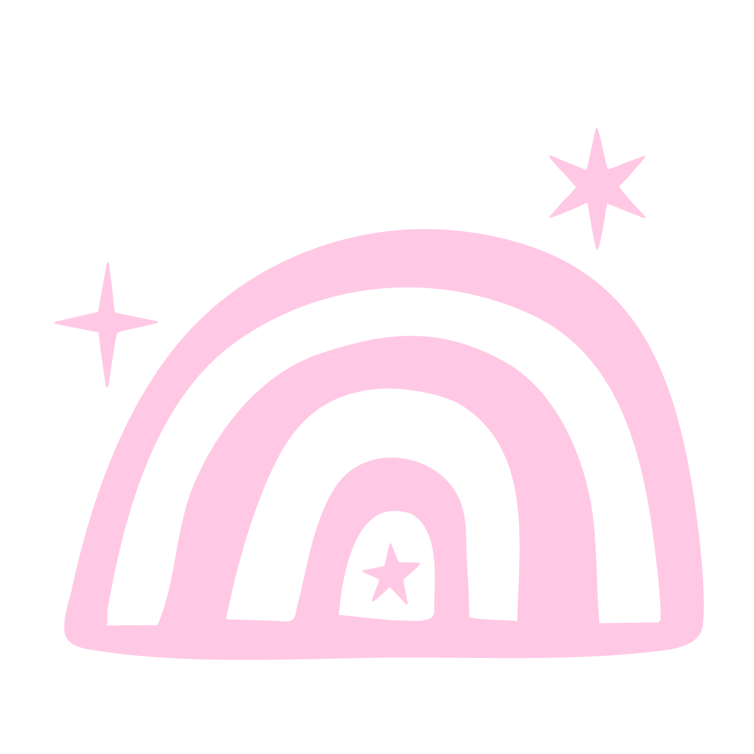 A pink rainbow with three arches, decorated with four five-pointed stars, one inside the smallest arch and three outside, all in pink, on a black background.