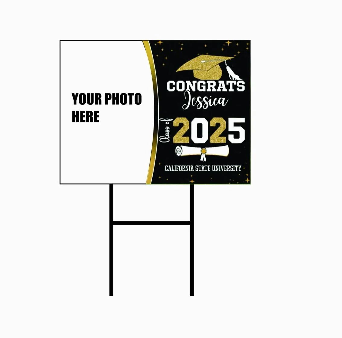 Graduation congratulations sign for Jessica, Class of 2025, California State University, featuring a space theme with a gold cap and diploma, space background, and a placeholder for a photo.