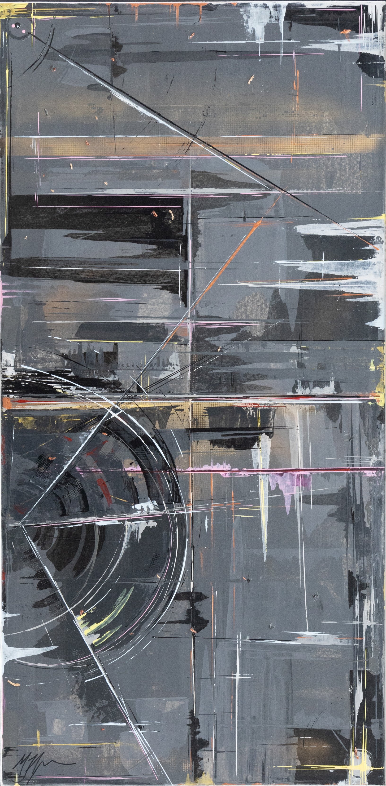 Abstract painting with a predominantly dark gray background, featuring geometric shapes, lines, and arches in white, yellow, pink, orange, and black.
