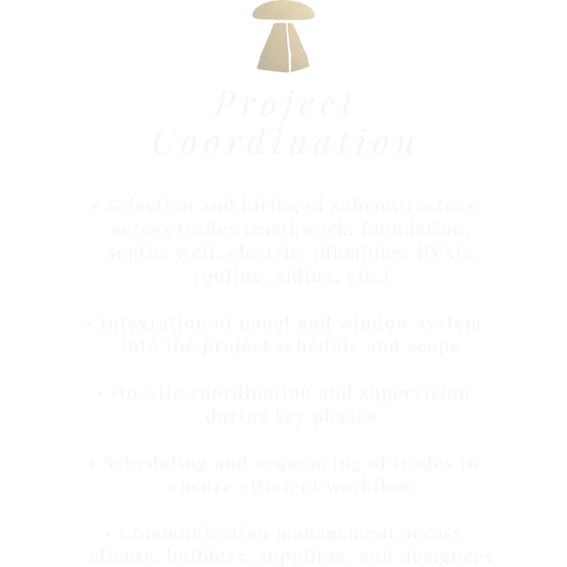 Black background with gold graphics and white text outlining project coordination activities, including subcontractor selection, integration of systems, on-site supervision, scheduling, and communication management.