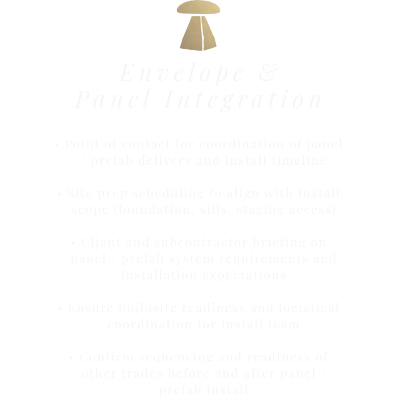 A presentation slide with the title "Envelope & Panel Integration" and bullet points detailing coordination, scheduling, briefing, and readiness steps for panel installation.