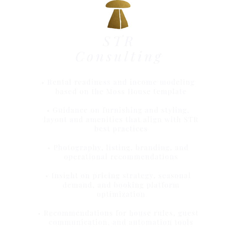 Black business card with gold logo of a mushroom and white text promoting STR Consulting services including rental readiness, furnishing, photography, pricing strategy, and house rules consulting.