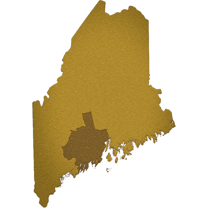 Gold-colored silhouette map of Maine with a smaller inset highlighting the service radius of Staddle Home Co.
