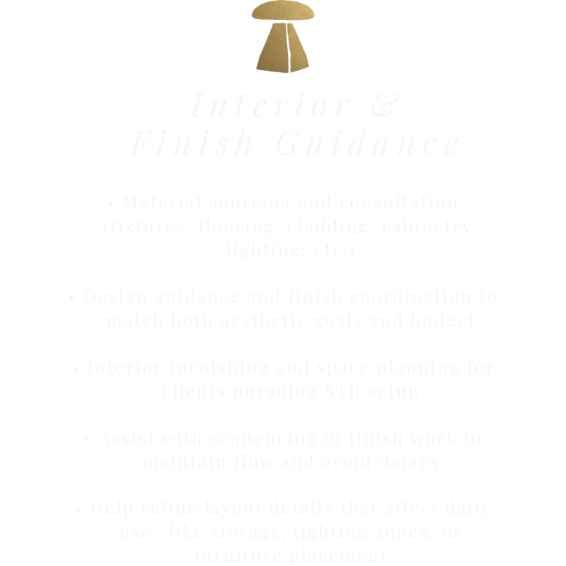 Interior and Finish Guidance sign with a gold lamp icon at the top, listing services such as material sourcing, design guidance, interior furnishing, and layout refinement.