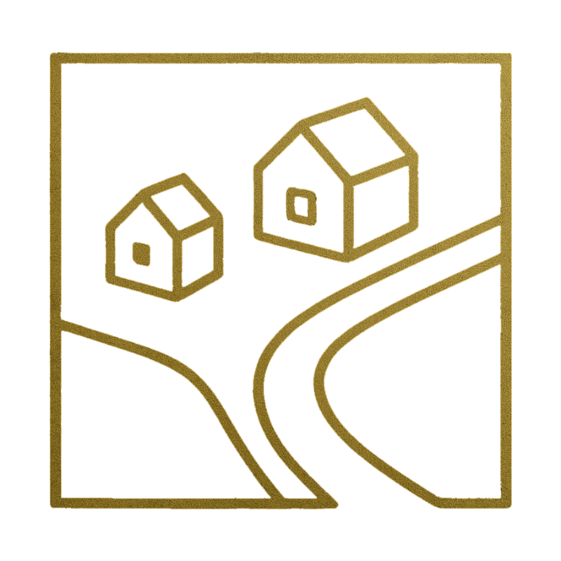Line drawing of two houses with a curved road in a square frame with a gold outline, representing a home with an accessory dwelling unit..