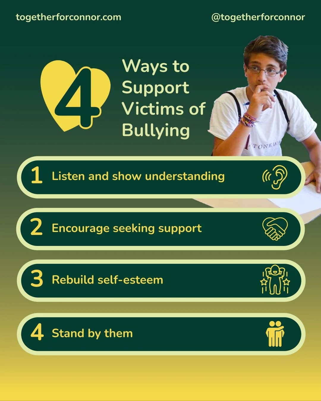 As the school year gets underway, it's important for us - as parents or mentors - to find ways to support kids facing bullying๐ 
1๏ธโฃ Create a safe space where they feel comfortable opening up - listen with compassion, not judgment
2๏ธโฃ Encourage th