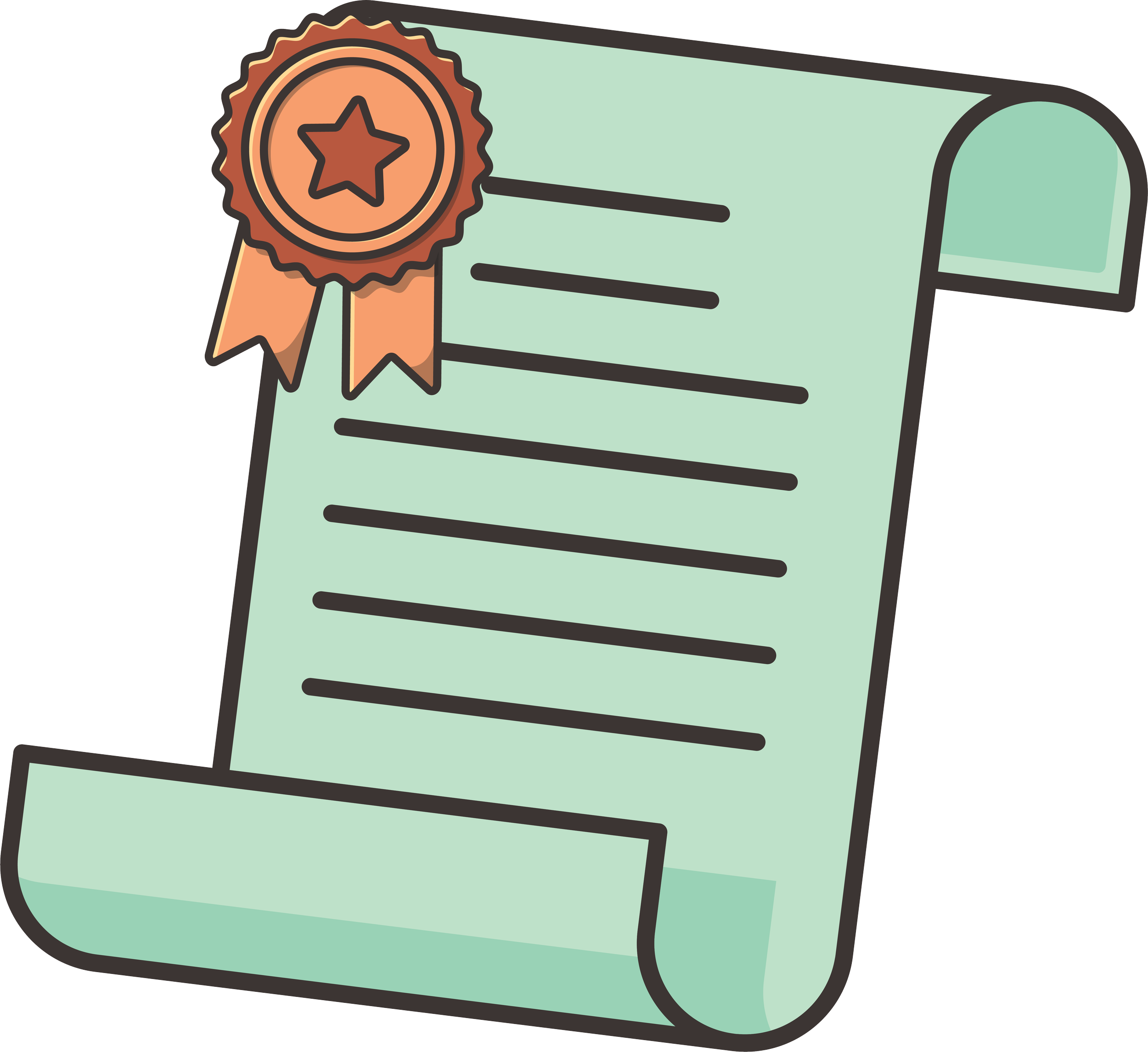 A certificate or award document with a gold seal and ribbon attached, featuring black lines indicating text.