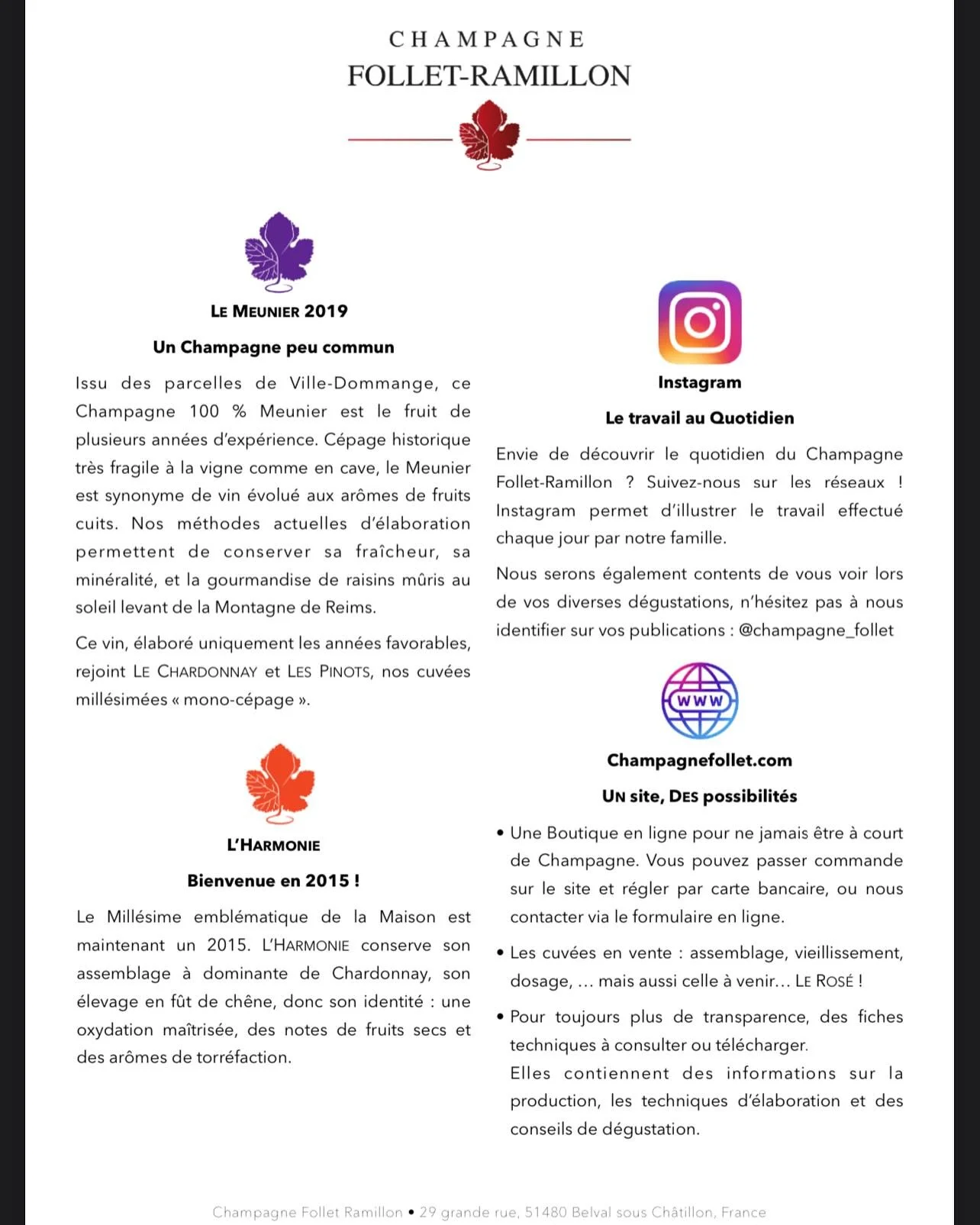 Champagne Follet-Ramillon &ndash; Newsletter d&rsquo;automne 🍁&mdash; 2 nouveaut&eacute;s : Le Meunier 2019 &amp; L&rsquo;Harmonie 2015 &mdash; &agrave; t&eacute;l&eacute;charger ici : https://drive.google.com/drive/folders/1-IBcxjc_EbdehuhPiWFhKhae