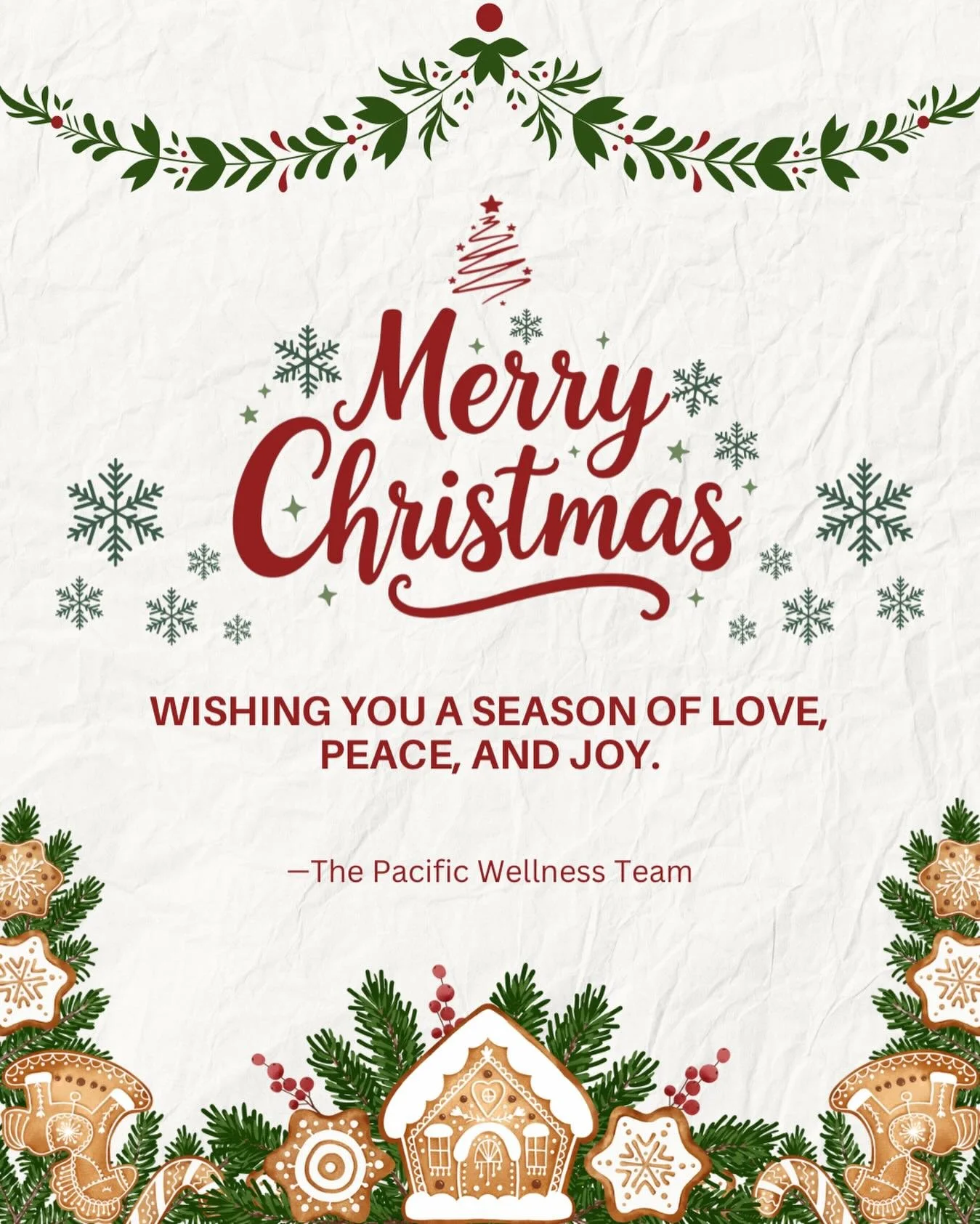 Merry Christmas from our Pacific Wellness family to yours! Hope your holiday is full of laughter, good company, and a little extra self-care. Cheers to a joyful season! 🎄✨❤️