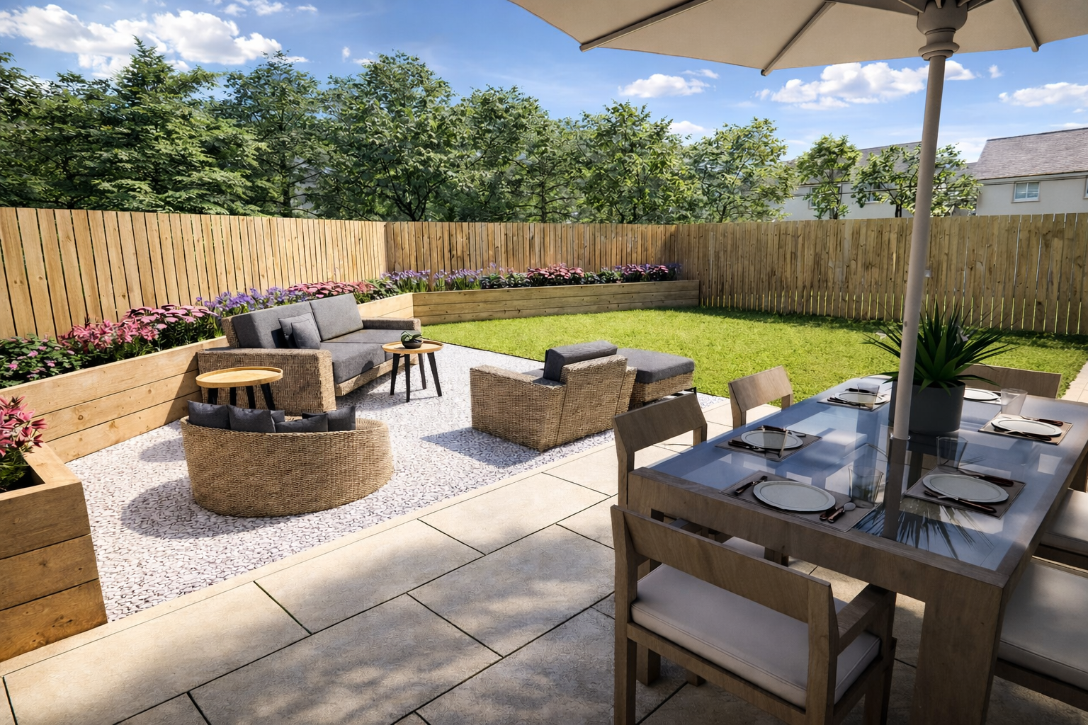A backyard patio with outdoor furniture, an umbrella, a dining table set with plates, a green lawn, a flower bed with pink and purple flowers, and a wooden fence under a partly cloudy sky.