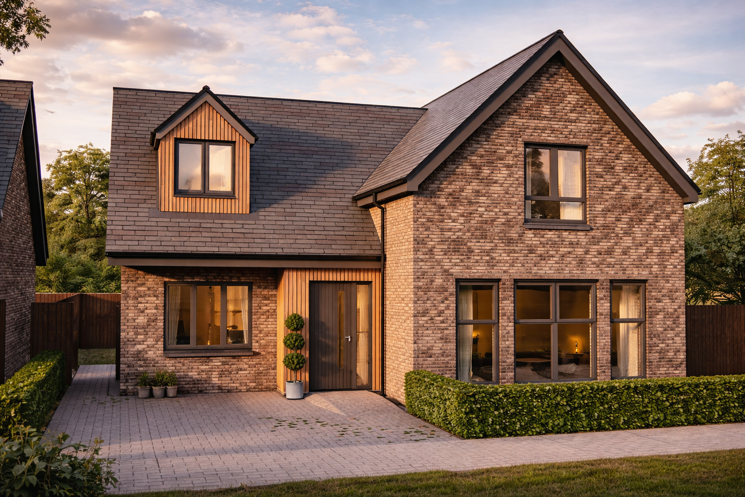 A modern two-story brick house with a gabled roof and wooden accents, surrounded by a paved walkway and manicured bushes, during sunset.