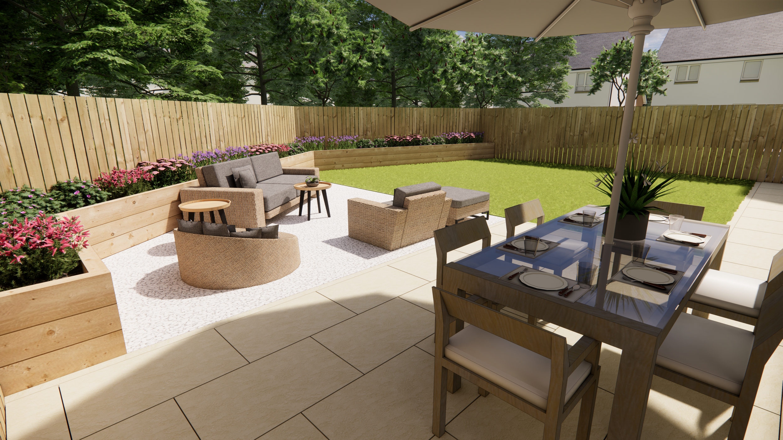 A backyard patio with a dining table, chairs, an umbrella, a seating area with a sofa, chairs, and a garden with flowers and a grassy area, surrounded by a wooden fence.