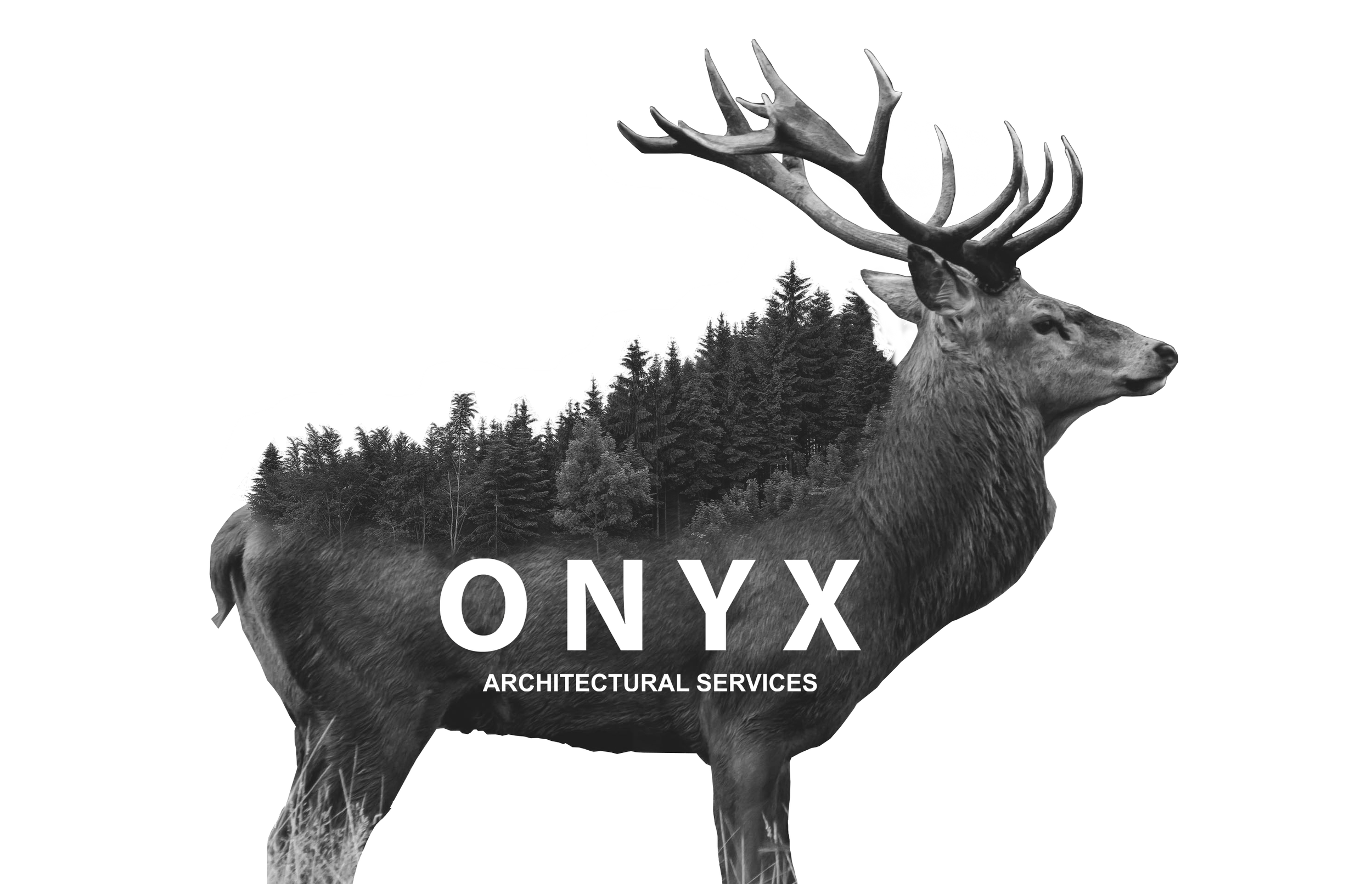 A stylized logo for ONYX Architectural Services featuring a black and white drawing of a stag with large antlers, with a forest scene inside its body.