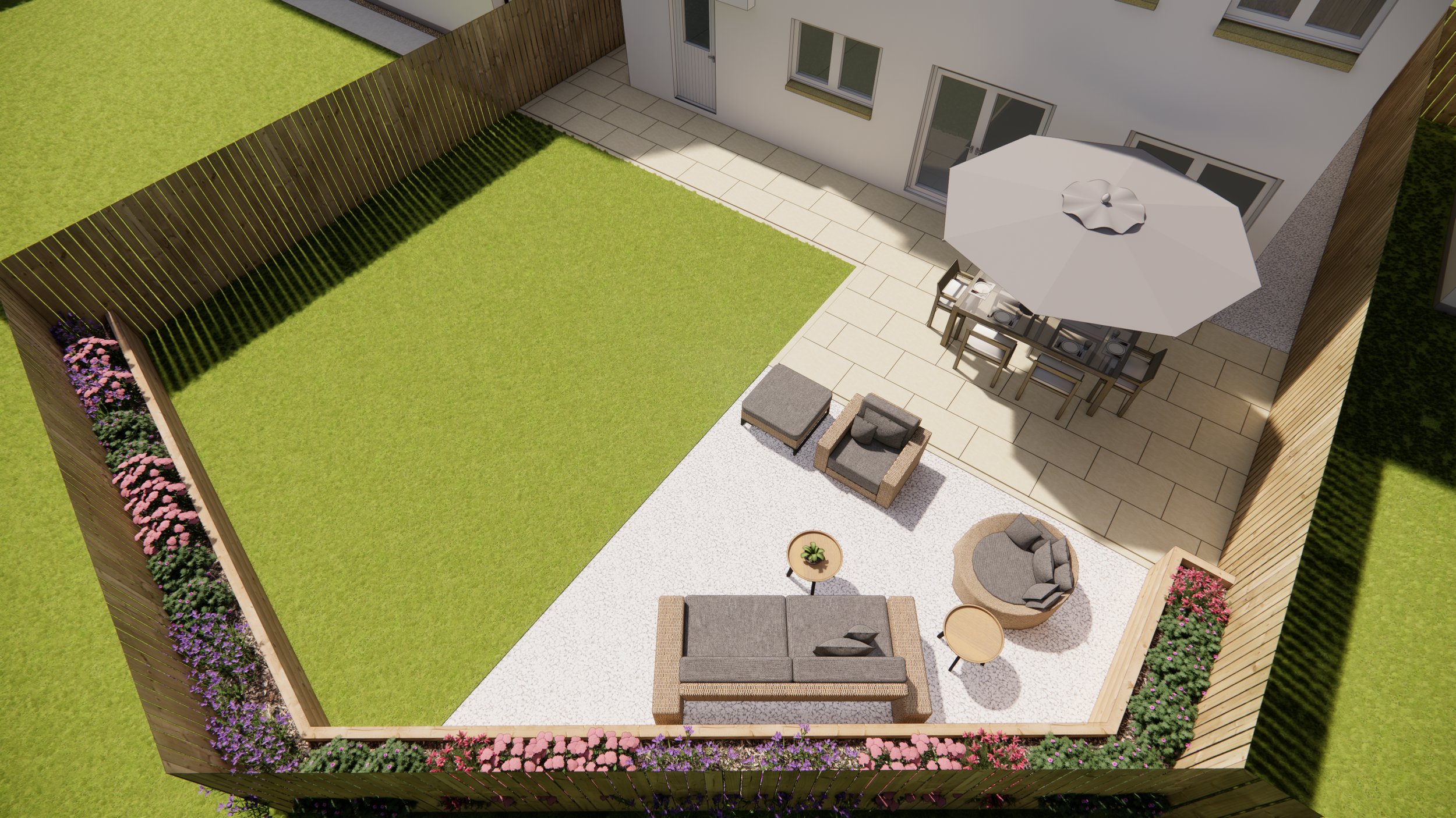 A backyard patio with outdoor furniture, including a sofa, armchair, and round chairs with cushions, a small coffee table, a dining table with chairs and an umbrella, a grassy area, and flower beds along the fencing.