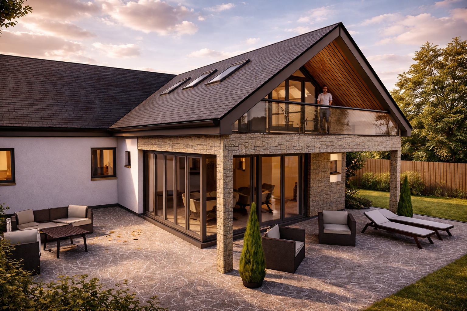 Modern house with a stone and white exterior, large glass windows, and a gable roof. There is an outdoor patio with lounge chairs, a table, and a cozy seating area. A person is standing on the upper balcony, looking out at the yard, which is landscaped with grass, trees, and a wooden fence. The scene is set during sunset.