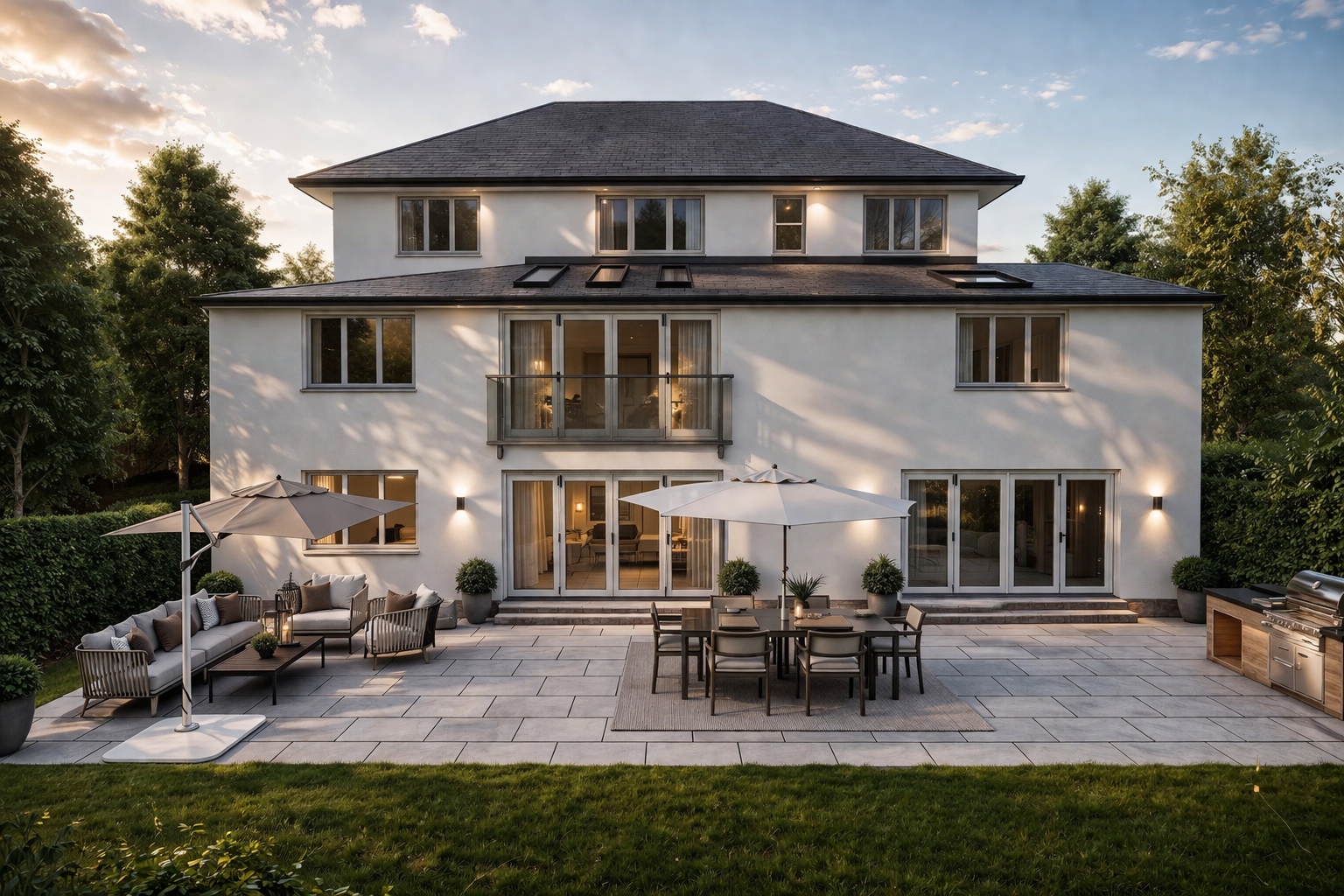 Modern white multi-story house with large glass doors and windows, outdoor patio area with seating, dining table with umbrellas, potted plants, and a barbecue grill, set against a backdrop of trees and a partly cloudy evening sky.