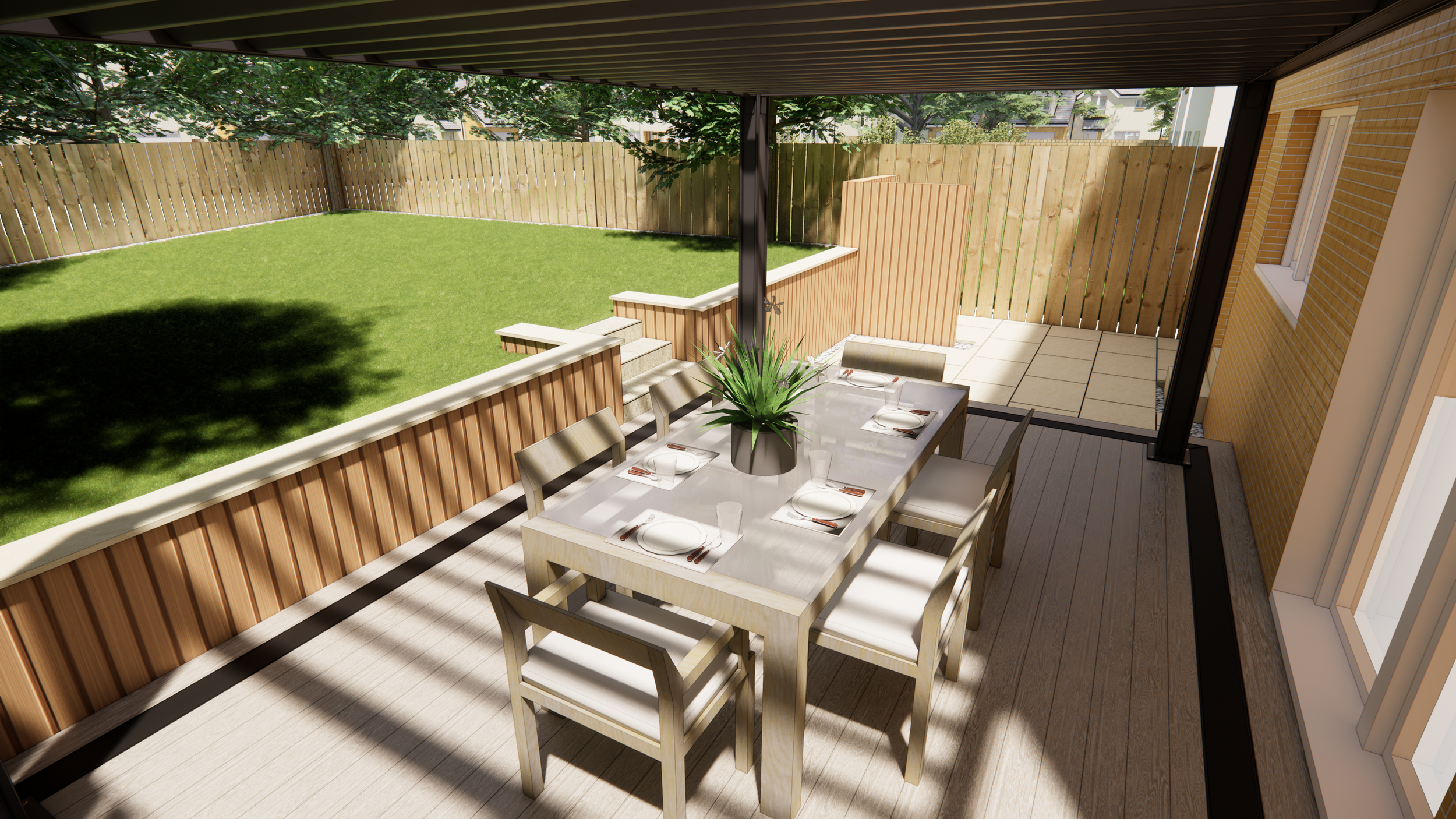 Dining area with a white table set for six, a central plant, and a view of a backyard with green grass, a wooden fence, and some trees.