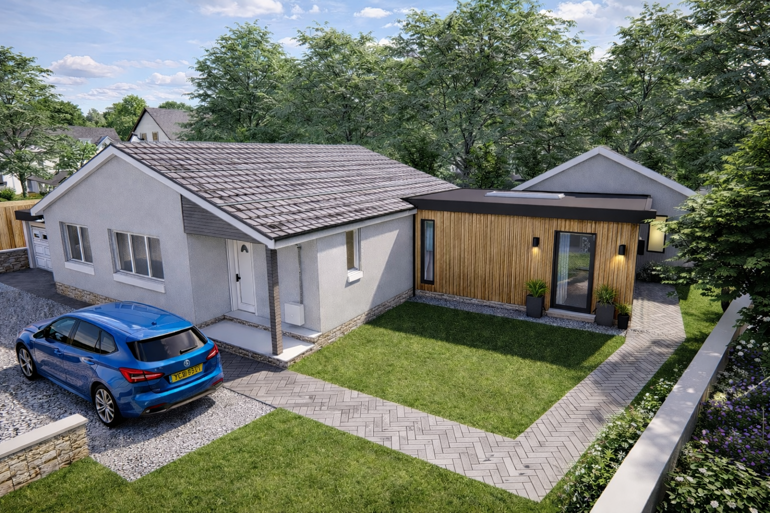 Modern suburban house with a grey and wooden exterior, a tiled roof, a porch, a small front yard with a green lawn, a paved walkway, and a blue car parked on a gravel driveway, surrounded by trees and neighboring houses.