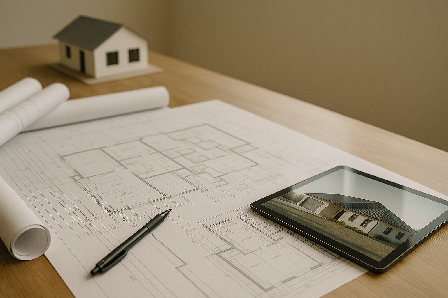 Architectural blueprints on a wooden table with a pen, a small model house, and a tablet displaying a house exterior.