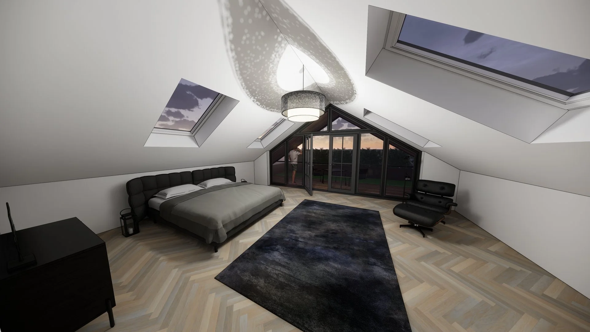 A modern bedroom with a sloped ceiling, two skylights, a large window with a door, a black bed, a black lounge chair, a black dresser, a dark rug, and a white ceiling light. Sunset visible through the window.